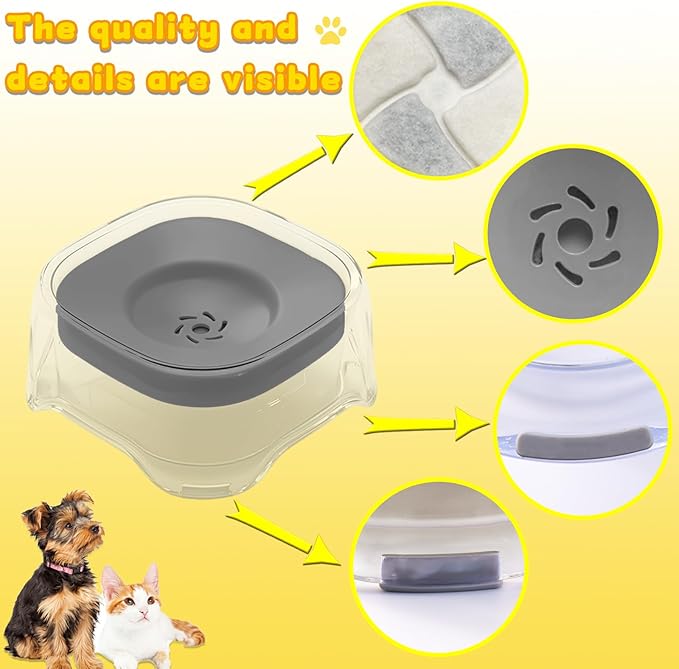 Splash-Proof Cat & Dog Water Bowl 2L Anti-Spill Design Reduces Refill Frequency Splash-Resistant Bowl Keeps Surroundings Clean Slow-Drink Bowl Designed for Pets Who Splash Water- (Grey)