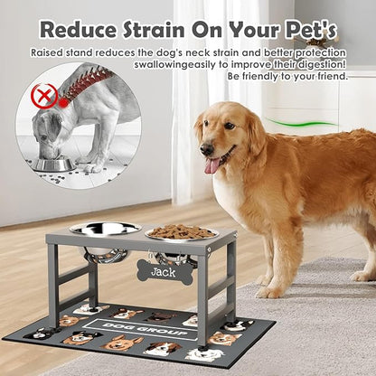 Elevated Dog Bowls, 10" Tall Height, Raised Bowl Stand with 2 Stainless Steel Food Feeder Bowls (58oz) and Spill-Proof Mat for Medium Large and Small Breeds, Grey
