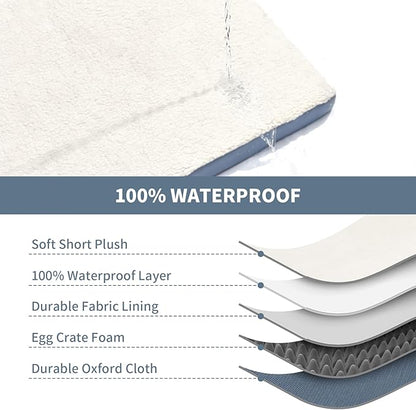 Plush Orthopedic Dog Bed for Medium Dogs & Puppies, Waterproof Dog Beds 30x20 Inch with Removable Washable Cover, Egg Crate Foam Flat Pet Mat, Blue White
