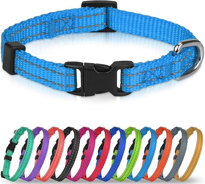 Joytale Puppy Collar, Feather-Light Double-Sided Reflective Nylon Collar for Night Safety, Adjustable Quick-Release for Extra Small Dogs, Sky Blue, XS (3/8" Width)