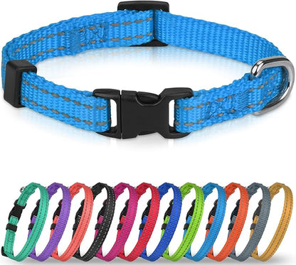 Joytale Puppy Collar, Feather-Light Double-Sided Reflective Nylon Collar for Night Safety, Adjustable Quick-Release for Extra Small Dogs, Sky Blue, XS (3/8" Width)