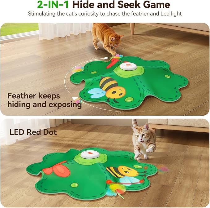 FEELNEEDY Rechargeable Cat Toys, 2 in 1 Hide and Seek Game Interactive Cat Toy, Movable LED Red Dot, Concealed Feathers, Durable Exercise Toys for Indoor Cats, Bored Adult Cats Wand Toy, Green