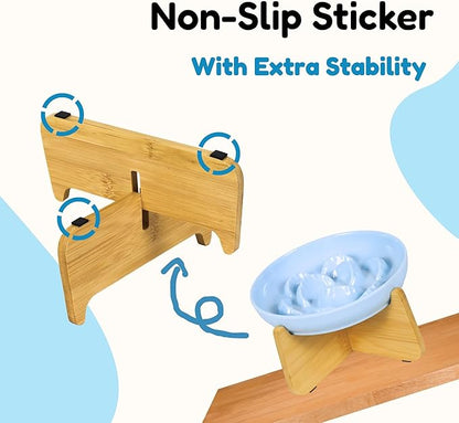 Slow Feeder Cat Bowl with Stand - Unbreakable Elevated Slow Feeder Bowl for Cats - Melamine Puzzle Raised Cat Food Bowl - Whisker Friendly & Wet & Dry Food- Dishwasher Safe & Non Slip (Blue