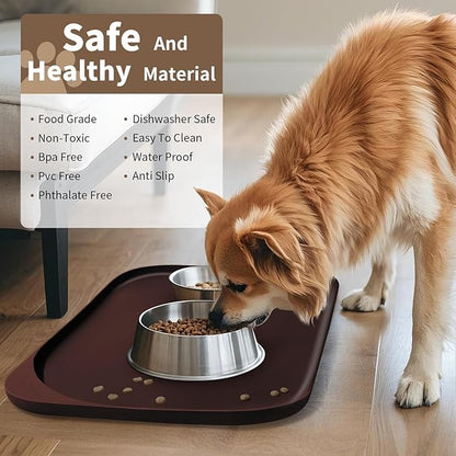 Silicone Pet Food Mat with Raised Edge for Food and Water Bowl, Dog Feeding Mats, Cat Food Trays for Floor Waterproof, Rubber Tray for Dogs and Cats, 19 x 12 x 0.7 Dark Brown