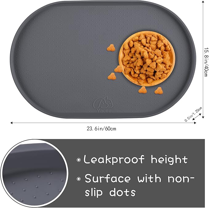 100% Waterproof 0.5" Raised Edge BPA Free Silicone Dog Food Mat, Pet Cat Feeding Mats Contain Spills Protects Floors, Placemats for Cats and Dogs Water Bowl Dishwasher. (Large/XL, Gray)