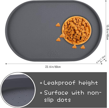 100% Waterproof 0.5" Raised Edge BPA Free Silicone Dog Food Mat, Pet Cat Feeding Mats Contain Spills Protects Floors, Placemats for Cats and Dogs Water Bowl Dishwasher. (Large/XL, Gray)