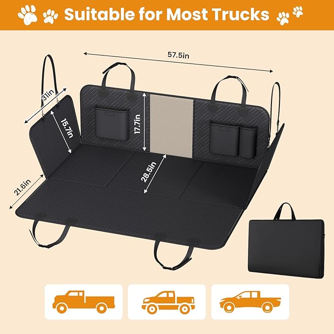 Dog Back Seat Extender for Trucks, Hard-Bottom Dog Seat Cover, Striped Surface Waterproof PU Leather Backseat Bridge,Anti-Slip, Strong Support, Easy to Clean, Fits for Truck/SUV