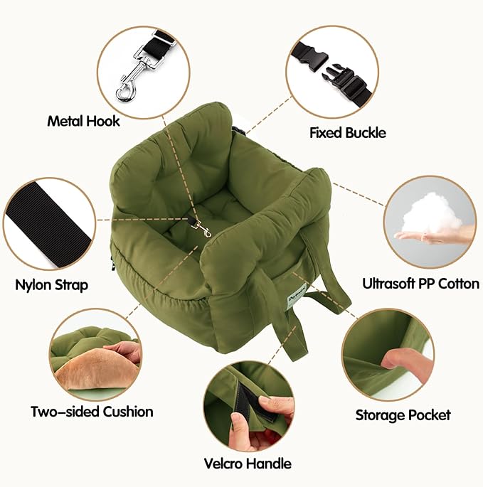 Dog Car Seat for Small Dogs, Portable Puppy Car Seat of Easy Installation, Fashionable Pet Carrier Bag with Large Pockets, Machine Washable Dog Booster Seat (Army Green)