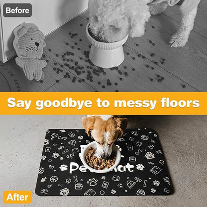 Pet Feeding Mat,Dog Cat Mat for Food and Water,Dog Bowl Waterproof Placemat with Rubber Backing,Absorbent Quick Dry Water Dispenser Mat for Pet（Black 17"×29"）