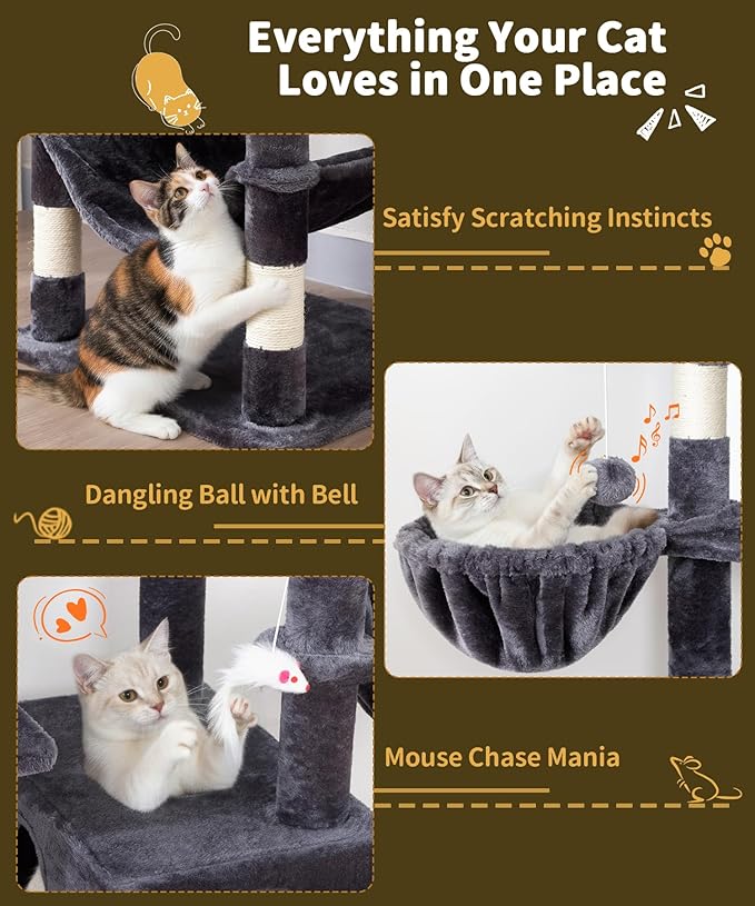 AMHANCIBLE Cat Tree, 70 Inch Cat Tower for Indoor Cats, Multi-Level Cat Tree with Scratching Post, Hammock, Hanging Basket, Large Cat Condos for Adult Cats Kittens, Dark Grey, PT18DG