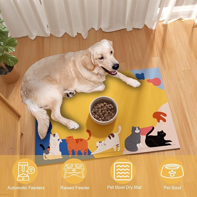 BLESWIN Pet Feeding Mats 16"x24", Water Absorbing Mat for Dog Bowl, Water Bowl Mat for Dogs Waterproof, Non Slip Mat for Dogs, Dog Water Bowl Mat for Messy Drinkers, Cat Mat for Food and Water, Cat