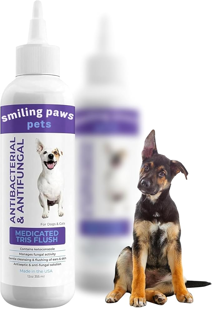 Smiling Paws Pets Medicated Tris Flush Dog Ear Cleaner Solution and Infection Treatment for Dogs and Cats Ear Flush for Dogs Ear Cleaner for Dogs & Cats - Cat & Dog Ear Wash Contains Ketoconazole 12oz