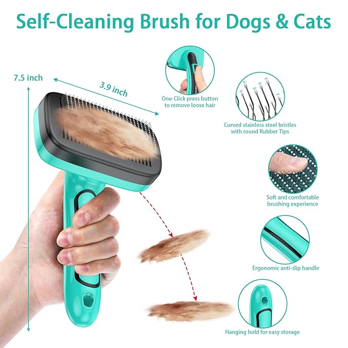 5 PCS Self Cleaning Slicker Brush & Undercoat Rake & Bath Brush & Flea Comb & Pet Comb & Steam Brush for Dogs and Cats,Professional Deshedding Dematting Tool for Long and Short Haired Pets