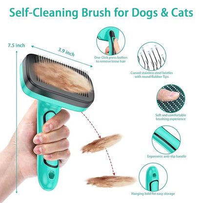 5 PCS Self Cleaning Slicker Brush & Undercoat Rake & Bath Brush & Flea Comb & Pet Comb & Steam Brush for Dogs and Cats,Professional Deshedding Dematting Tool for Long and Short Haired Pets