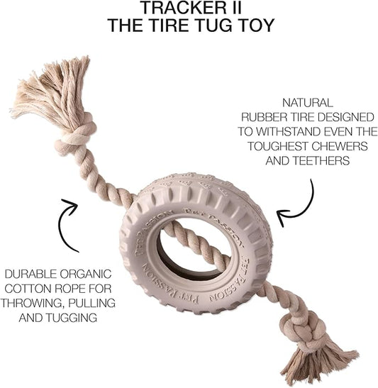Natural Rubber Tire and Organic Cotton Rope Pull and Chew Dog Toy for All Pet Breeds, Almond Milk, Medium