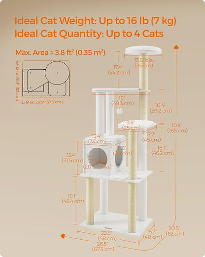 Feandrea Cat Tree, 65-Inch Modern Cat Tower for Indoor Cats, Multi-Level Cat Condo with 5 Scratching Posts, Perch, Washable Removable Cushions, Cat Furniture, Cloud White UPCT166W01