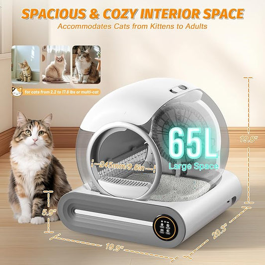 Self Cleaning Cat Litter Box, 65L+ 9 L Extra Large Robot Automatic Litter Box for Multiple Cats, APP Control, Deodorization with 1 Odor Eliminator, 3 Rolls Litters Bags