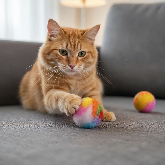 30 Pcs Soft Plush Cat Ball, 1.8 inch Rainbow Colorful Kitty Fuzzy Puff Pom Pom Balls Fun Kitten Quiet Play Kicker Exercise Chasing Toys for Pet Interactive