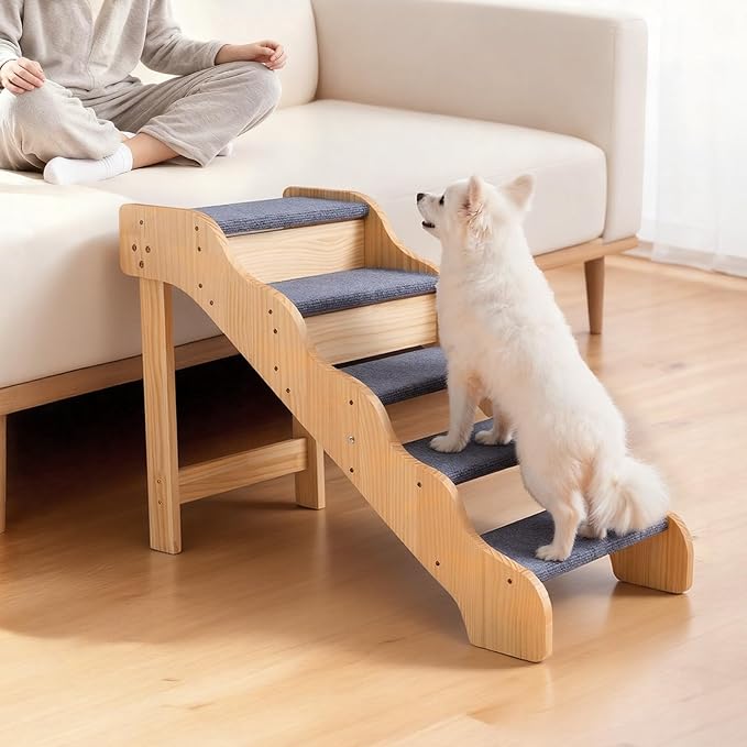 VEVOR Wood Pet Stairs, 5-Step Dog Stairs for High Beds, Sofa & Cars, 150lbs Load Capacity, Non-Slip Surface, Stable Cat & Dog Step Ladder for Small Medium Large Older Pet Puppy Essentials