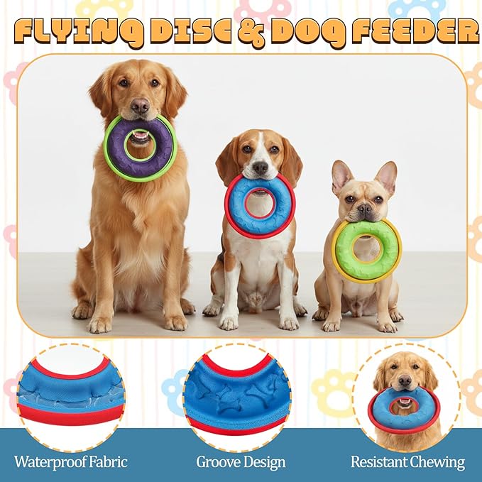 3 Pcs Flying Disc Dog Fetch Toys, 9.05 Inch Interactive Flyer and Tug Toys, Feedable Lightweight Nylon Fabric Pet Training and Outdoor Exercise Toys for Small, Medium, Large Dogs, Safe on Teeth