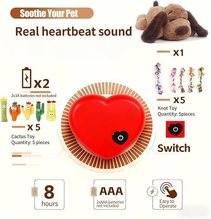BEVERLYSHARK Puppy Heartbeat Toy Dog Anxiety Relief Sleep Calming Aid Heartbeat Stuffed Animal Behavioral Crate Kennel Training Heartbeat Plush Toy for Small, Medium, Large Dog Cat Brown-C