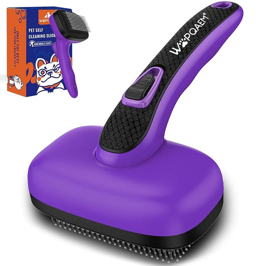 Self Cleaning Slicker Brush for Dog, Cat, Skin Friendly Shedding & Grooming Tool for Long and Short Haired Pets, Easy Clean Retractable Bristles, Purple