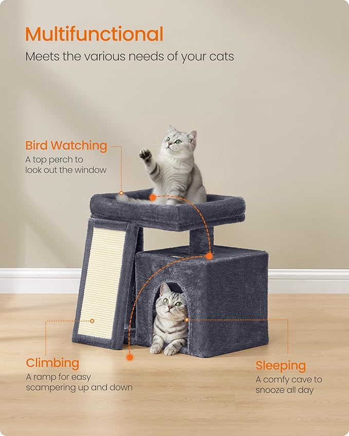 Feandrea Small Cat Tree, Cat Tower Condo, Scratching Ramp, Large Top Perch, Cave, 20.1 x 15.4 x 18.3 Inches, Dark Gray UPCT010GS02S