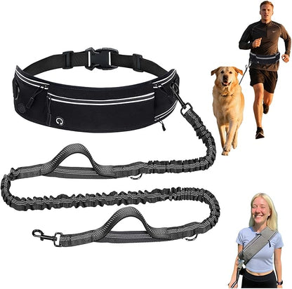 4 in 1 Hands Free Waist Dog Leash, Crossbody Leash with Pouch, Retractable Bungee Shock Absorption, Anti-Burst Design, Reflective, for Medium to Large Dogs (02-Black)