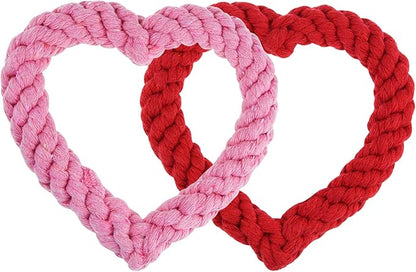 2 PCS Dog Chew Toys Heart Shaped Rope for Valentine's Day Pets Cotton Chewing Supplies Pink & Red 5.5Inch
