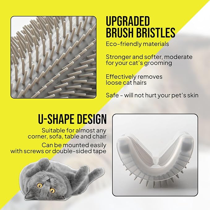 Cat Self Groomer – Wall Corner Grooming Brushes for Cats and Small Pets – Soft Silicone Massage Brush for Shedding Control and Face Rubbing (Grey)