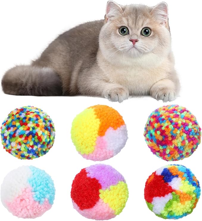 6 PCS Cat Pom Pom Balls, 2 Inch Cat Ball Toy Assorted Color Cats Yarn Ball Yarn Puffs Soft Interactive Kitten Chasing Toys Cats Chase Balls for Pet Interactive Playing Exercising Training