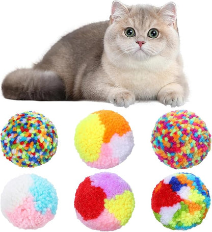 6 PCS Cat Pom Pom Balls, 2 Inch Cat Ball Toy Assorted Color Cats Yarn Ball Yarn Puffs Soft Interactive Kitten Chasing Toys Cats Chase Balls for Pet Interactive Playing Exercising Training