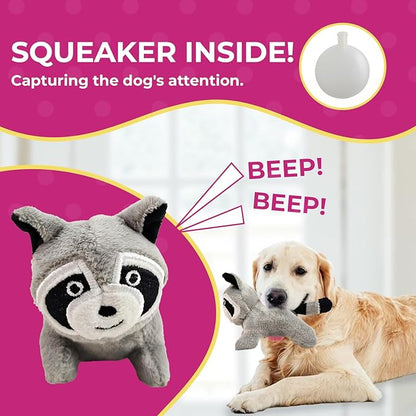 Glow Pups Dog Puzzle Plush Toy Tree with Squeaky Raccoons, Interactive Hide and Seek Fun, Promotes Mental Stimulation, Large Size, Brown/Gray Plush, 5-Pack (Raccoon in Tree, Large)