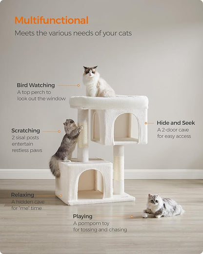 Feandrea Cat Tree, 40.6-Inch Cat Tower, Plush Condo for Extra Large Cats up to 44 lb, Large Perch, 2 Caves, Scratching Post, Cream White UPCT614T01