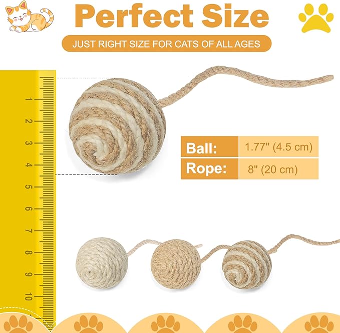 Cat Toy Ball with Sisal Rope Wrapping – 3 Pack Sisal Cat Toy Ball with Rope & Quiet Bell, 1.77" Natural Interactive Cat Scratching Ball for Indoor Cats (Beige, Yellow, Striped)