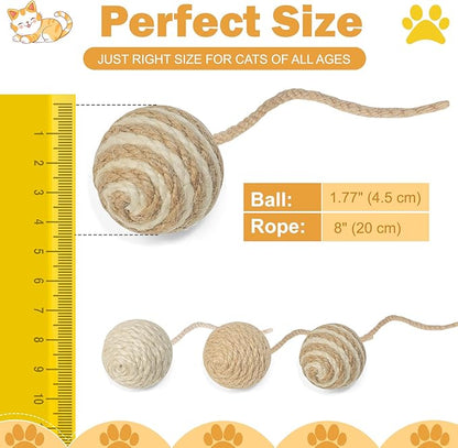 Cat Toy Ball with Sisal Rope Wrapping – 3 Pack Sisal Cat Toy Ball with Rope & Quiet Bell, 1.77" Natural Interactive Cat Scratching Ball for Indoor Cats (Beige, Yellow, Striped)
