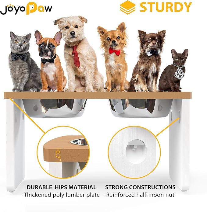 Elevated Dog Bowls, Waterproof Raised Dog Bowl for Medium & Large Dogs, HIPS Poly Lumber Stand with 2 Stainless Steel Bowls, Indoor & Outdoor Use (10'' Tall–48 oz Bowl, Teak-White)