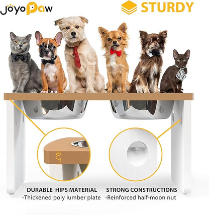 Elevated Dog Bowls, Waterproof Raised Dog Bowl for Medium & Large Dogs, HIPS Poly Lumber Stand with 2 Stainless Steel Bowls, Indoor & Outdoor Use (10'' Tall–48 oz Bowl, Teak-White)