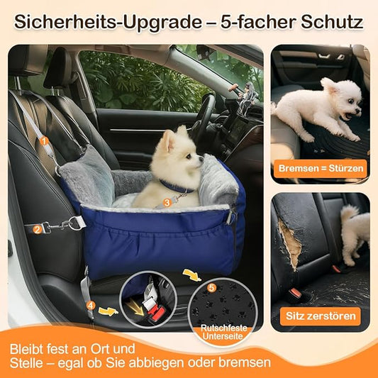 SIVES Dog Car Seat for Small Dogs, Soft Booster Seat Travel Bed with Side Flaps, Non-Slip Base, Seat Belt Straps + Safety Tether, Storage Pocket, Washable Cushion, Recommended Up to 33 lbs, Blue
