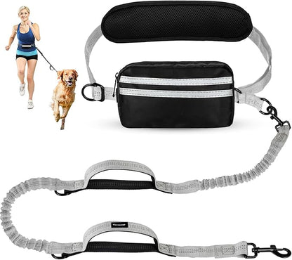 Hands Free Dog Leash, Waist Leash for Dog Walking,Running, Adjustable Waist Belt with Double Padded Handles, No Pull, Grey