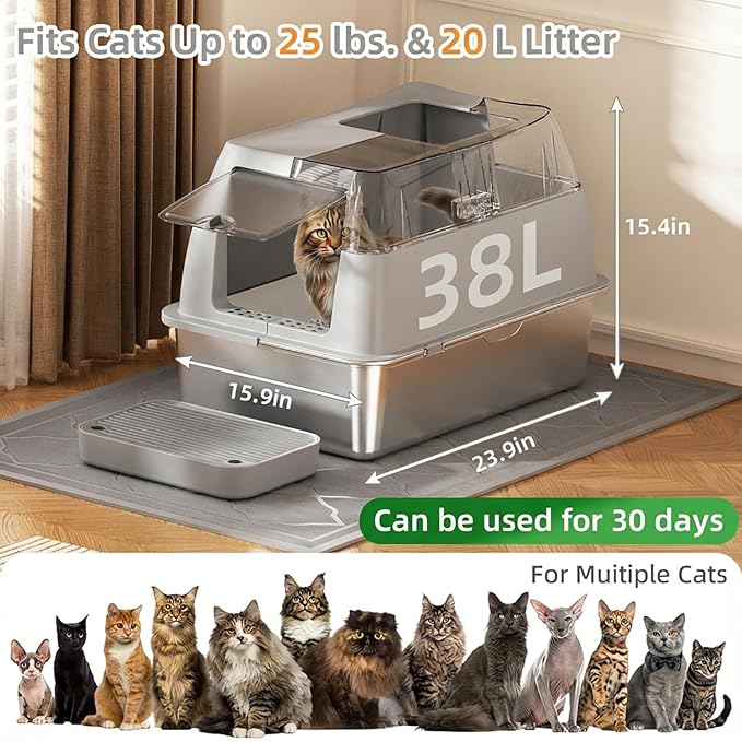 Stainless Steel Litter Box with Lid,Front Entry Top Exit Kitty LitterBox,Extra Large Enclosed Metal Cat Box with Litter Scoop & Litter Mat-Light Gray