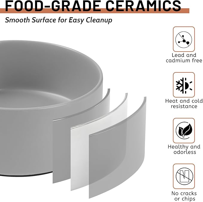 Ceramic Dog Bowls, Non Slip Dog Food and Water Bowl with Silicone Base, Heavy Duty Feeding Bowl for Small and Medium Dogs (Grey, 6 Inches)