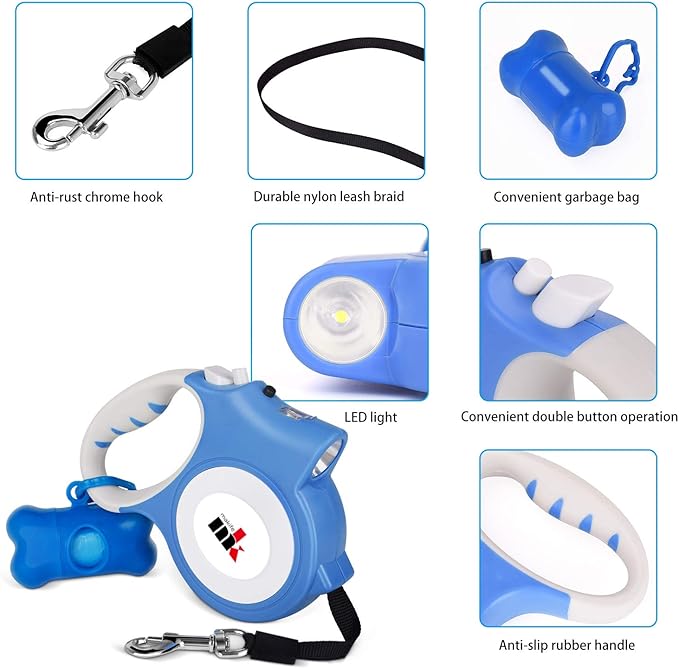 Retractable Dog Leash with LED Light Makife 5m Extendable Dog Lead for Small Medium Puppis up to 25kgs, One-Hand Brake & Lock System, Ergonomic Handle - Blue