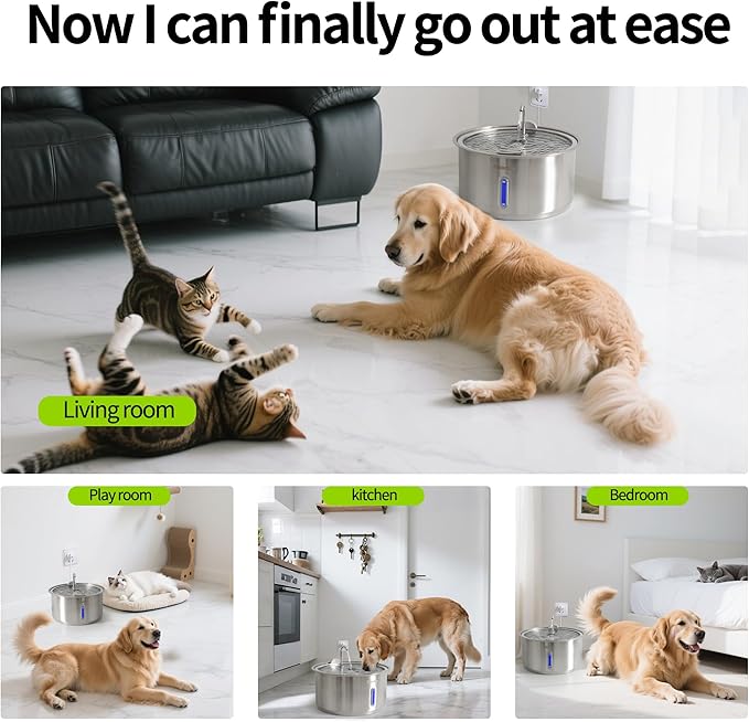 Dog Water Fountain, 11L/2.8Gal Quiet Dog Fountain Water Bowl with Visible Window Stainless Steel Dog Water Fountain with 2 Spray Modes and 15 Fliters for Large Medium Small Dogs Pets