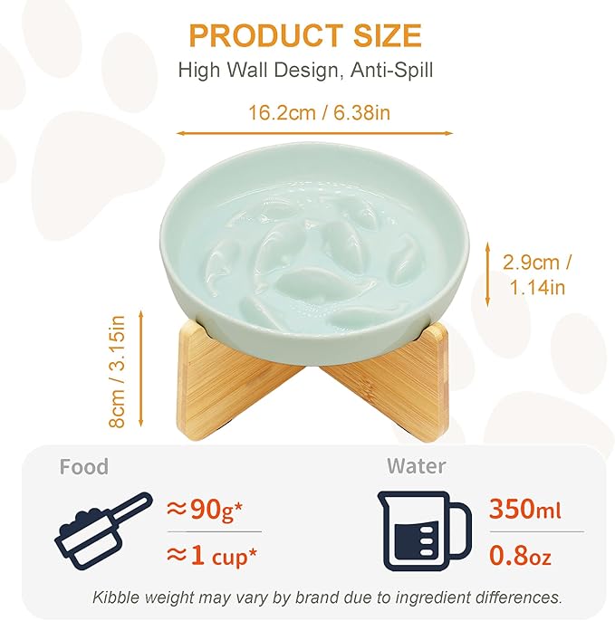 Non-Slip Rubberwood Elevated Cat Feeder Stand - 6.1"x3.5" Detachable Bowl Holder, Ergonomic Anti-Vomiting Raised Pet Dish Stand (Green(Ceramic)-Bamboo Stand)