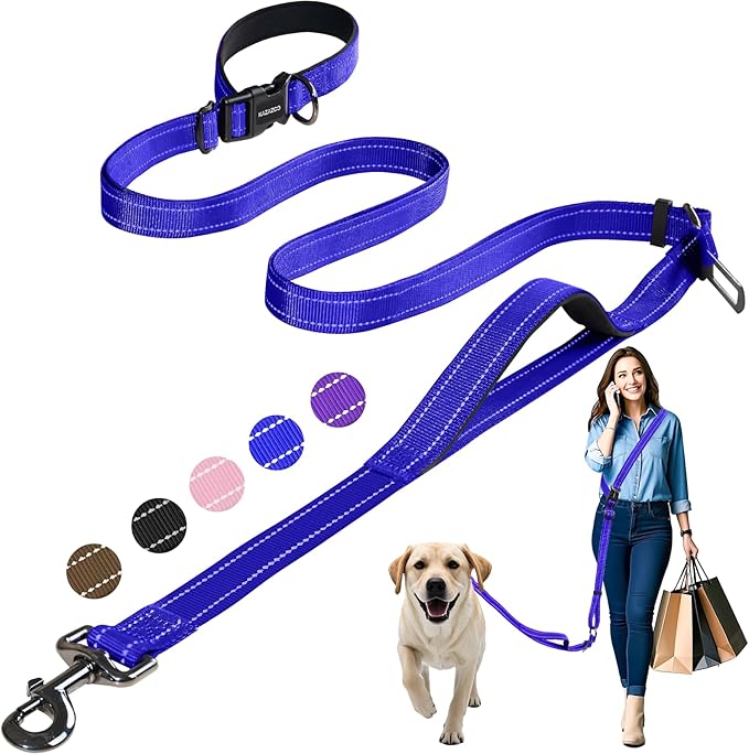 Kazazoo Hands-Free Dog Leash with Adjustable Length 6-9FT + Dual Padded Handles Reflective Safety for Walking, Jogging & Training | Suitable for Medium to Large Dogs & Puppies Blue-L