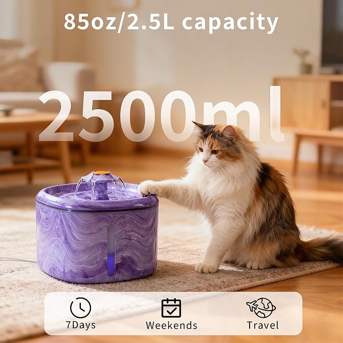 Cat Water Fountain Purple: Automatic Flower Pet Water Fountain for Cats Indoor-84oz/2.5L, Cute Cat Fountain for Drinking, LED Blue Light, Upgraded Ultra Quiet Pump, Gifts for Cats, Dogs (2Filters)