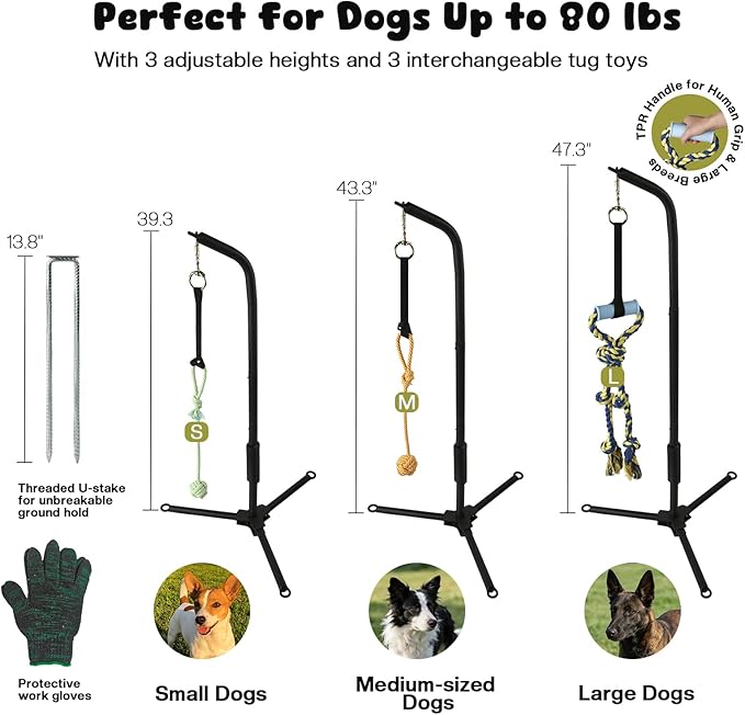 Adjustable Tug of War Dog Toy with 3 Tether Tug Toys, Outdoor Dog Spring Pole Rope Toy with Tripod Base & U-stakes, Hands-free Outdoor Dog Toys for Large Dogs, Interactive Dog Tetherball for Yard
