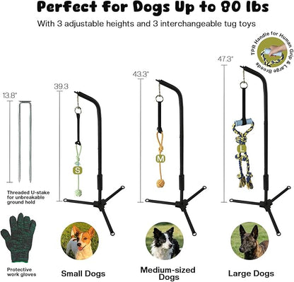 Adjustable Tug of War Dog Toy with 3 Tether Tug Toys, Outdoor Dog Spring Pole Rope Toy with Tripod Base & U-stakes, Hands-free Outdoor Dog Toys for Large Dogs, Interactive Dog Tetherball for Yard