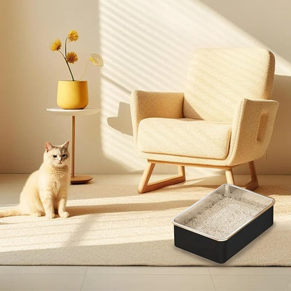 Stainless Steel Cat Litter Box - XL Metal High Sided Cat Pan Tray, Easy to Clean Non Stick Odorless Large Pet Toilet Supplies for Big Cats Kitty Kitten, 23.6 x15.75 x6 Inch, Black